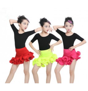 Red fuchsia hot pink green and black patchwork short sleeves girls kids children practice competition performance latin salsa ballroom dance dresses